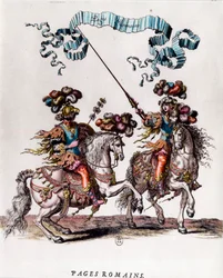 Pagine romane durante il carosello dato da Re Luigi XIV. Incisione di Francois Chauveau ca. 1662 Collezione privata