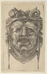 Maschera di satiro con corna ricci, sopracciglia fogliate e un panno appeso sotto il mento, ca. 1635-45