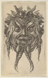 Maschera di satiro con corna e barba attorcigliata che indossa una corona di edera, da Divers Masque..., ca. 1635-45