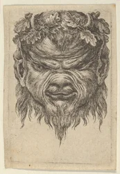 Maschera di satiro con muso indentato e corona di foglie di quercia, da Divers Masques, ca. 1635-45
