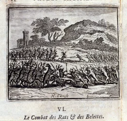 La Battaglia dei Ratti e delle Donnole. Favole di Jean de La Fontaine (1621-95). Illustrazione di François Chauveau (1613-1676). Edizione del 1728