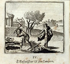 Il bruciatore e il suo compare. Favole di Jean de La Fontaine (1621-95). Illustrazione di François Chauveau (1613-1676). Edizione del 1728