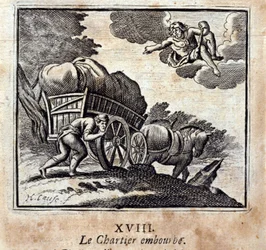Il carrettiere è infastidito. Favole di Jean de La Fontaine. Illustrazione di François Chauveau. Edizione del 1728.