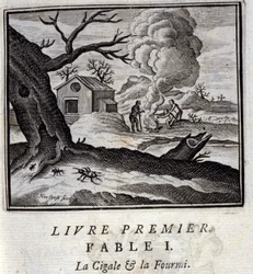 La cicala e la formica. Favole di Jean de La Fontaine. Illustrazione di François Chauveau. Edizione del 1728.