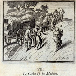 Il carro e la mosca. Favole di Jean de La Fontaine (1621-95). Illustrazione di François Chauveau (1613-1676). Edizione del 1728.