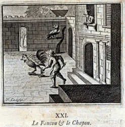 Il Falco e il Cappone. Favole di Jean de La Fontaine (1621-95). Illustrazione di François Chauveau (1613-1676). Edizione del 1728