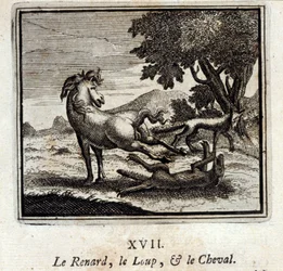 La Volpe, il Lupo e il Cavallo. Favole di Jean de La Fontaine (1621-95). Illustrazione di François Chauveau (1613-1676). Edizione del 1728