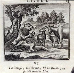 La Giovenna, il Bue e la Pecora in società con il Leone. Favole di Jean de La Fontaine (1621-95). Illustrazione di François Chauveau (1613-1676). Edizione del 1728