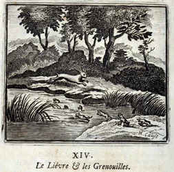 La lepre e le rane. Favole di Jean de La Fontaine (1621-95). Illustrazione di François Chauveau (1613-1676). Edizione del 1728
