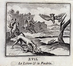 La lepre e la pernice. Favole di Jean de La Fontaine (1621-95). Illustrazione di François Chauveau (1613-1676). Edizione del 1728