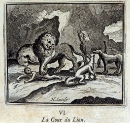 La corte del leone. Favole di Jean de La Fontaine (1621-95). Illustrazione di François Chauveau (1613-1676). Edizione del 1728.