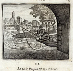 Il pesciolino e il pescatore. Favole di Jean de La Fontaine (1621-95). Illustrazione di François Chauveau (1613-1676). Edizione del 1728.