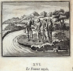 La Donna Annegata. Favole di Jean de La Fontaine (1621-95). Illustrazione di François Chauveau (1613-1676). Edizione del 1728