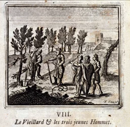 Il vecchio e i tre giovani. Favole di Jean de La Fontaine (1621-95). Illustrazione di François Chauveau (1613-1676). Edizione del 1728.