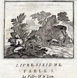 La pantera e il leone. Favole di Jean de La Fontaine. Illustrazione di François Chauveau. Edizione del 1728