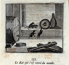 Il topo che si ritirò dal mondo. Favole di Jean de La Fontaine (1621-95). Illustrazione di François Chauveau (1613-1676). Edizione del 1728.