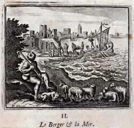 Il pastore e il mare. Favole di Jean de La Fontaine (1621-95). Illustrazione di François Chauveau (1613-1676). Edizione del 1728.