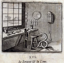 Il serpente e la calce. Favole di Jean de La Fontaine (1621-95). Illustrazione di François Chauveau (1613-1676). Edizione del 1728