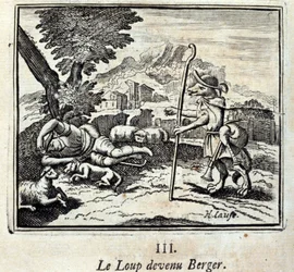 Il lupo diventato pastore. Favole di Jean de La Fontaine. Illustrazione di François Chauveau. Edizione del 1728