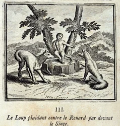 Il lupo che accusa la volpe davanti alla scimmia. Favole di Jean de La Fontaine (1621-95). Illustrazione di François Chauveau (1613-1676). Edizione del 1728