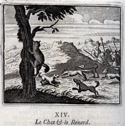 Il gatto e la volpe. Favole di Jean de La Fontaine. Illustrazione di François Chauveau. Edizione del 1728