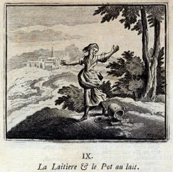 La lattaia e il vaso di latte. Favole di Jean de La Fontaine (1621-95). Illustrazione di François Chauveau (1613-1676). Edizione del 1728.