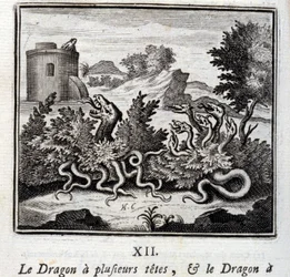Il drago ha diverse teste e il drago ha diverse code. Favole di Jean de La Fontaine (1621-95). Illustrazione di François Chauveau (1613-1676). Edizione del 1728.
