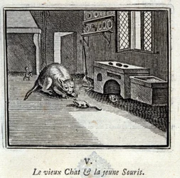 Il vecchio gatto e il giovane topo. Favole di Jean de La Fontaine. Illustrazione di François Chauveau. Edizione del 1728.