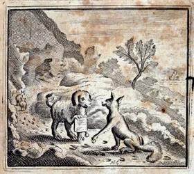 Il leone malato e la volpe. Favole di Jean de La Fontaine (1621-95). Illustrazione di François Chauveau (1613-1676). Edizione del 1728