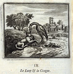 Il lupo e la cicogna. Favole di Jean de La Fontaine (1621-95). Illustrazione di François Chauveau (1613-1676). Edizione del 1728.