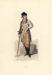 Uomo in cappotto largo, panciotto, pantaloni e stivali