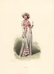 Donna in abito bianco, fichu rosa e corsage