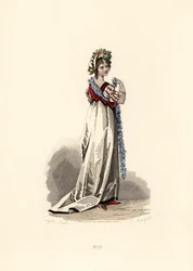 Donna in abito bianco con bordatura di velluto nero