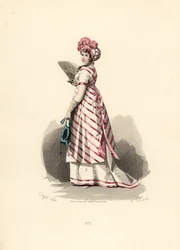 Donna in abito bianco con rifiniture rosa, grembiule a righe