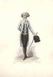 Uomo elegante in cappotto a righe, epoca di Maria Antonietta