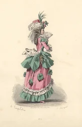 Donna alla moda in abito con rosette, epoca di Maria Antonietta