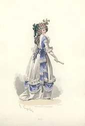 Donna in abito con frange a nastro, epoca di Maria Antonietta