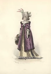 Donna in cappotto con cappuccio foderato di pelliccia, epoca di Maria Antonietta