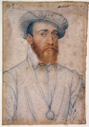 Ritratto di Francesco di Coligny, signore di Andelot (1521 - 1569). Disegno a sanguigna e pietra nera di François Clouet (1515-1572)
