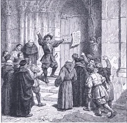 Robert Aske affigge la sua proclamazione alla porta della cattedrale di York, da Cassells History of the British People pubblicato dalla Waverley Book Company, c.1950