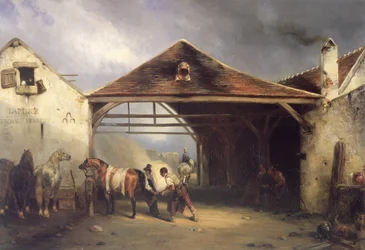 Un maniscalco che ferra un cavallo