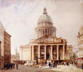 Vista del Pantheon in costruzione a Parigi da rue Soufflot