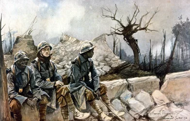 Tre soldati francesi seduti davanti alle rovine della chiesa di Dampierre. Guerra 1914 - 1918. Dipinto di Francois Flameng (1856-1923). Parigi, Museo dell