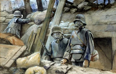 Prima guerra mondiale: soldati tedeschi con armatura da trincea e maschera antigas, agosto 1917