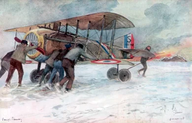 Personale di terra intento alla manutenzione di uno SPAD francese su un campo innevato, 1918, 1926.