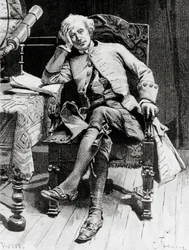 Ritratto di Guy Mannering, personaggio principale di Guy Mannering o Astrologo, romanzo di Walter Scott, incisione dopo disegno di Francois Flameng, edizione parigina
