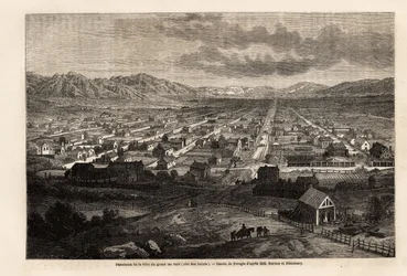 Panorama della città del grande lago sporco, citando i Santi (Utah), disegno di Ferogio, per illustrare il viaggio di Richard Burton nella città dei Santi, capitale della terra dei Mormoni, nel 1860. Incisione in Le tour du monde, a cura di Edouard Charton