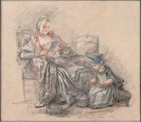 Donna che legge e una ragazza che gioca (presumibilmente la Marchesa di Pompadour con sua figlia Alexandrine), 1748