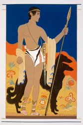 Giovane guerriero con due levrieri Borzoi, un