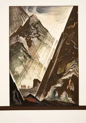 Prometeo inchiodato alla roccia da Efesto, Kratos e Bia, da Prométhée Enchaîné di Eschilo, pub. 1941